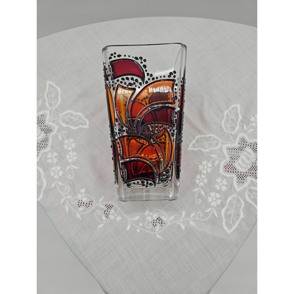 Handpainted German Stainglass Style Vase Black Orange And Maroon On Clear Glass - Picture 6 of 10